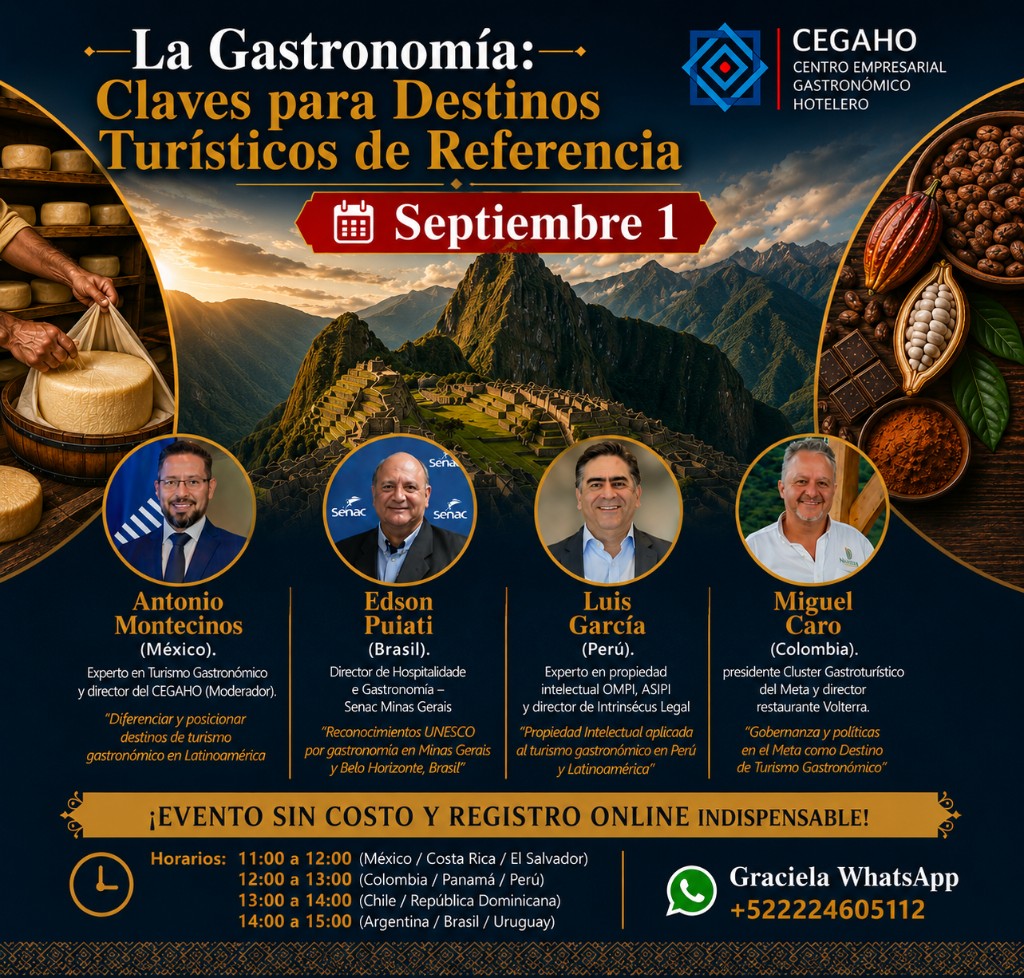 Flyer del webinar CEGAHO: La Gastronomía, claves para destinos turísticos de referencia