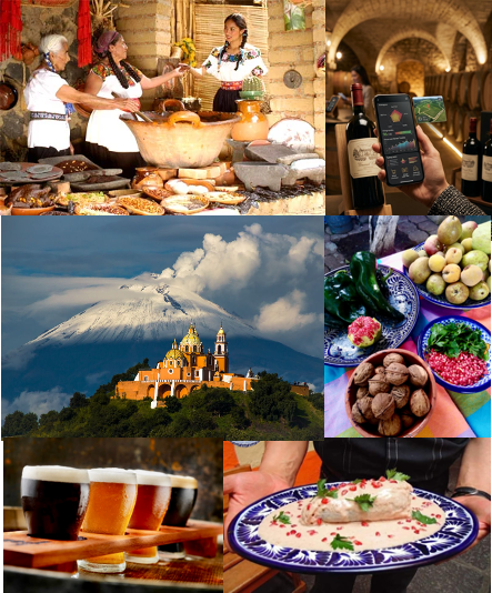 Collage del Workshop CEGAHO: cocina tradicional, enoturismo digital, Cholula y Popocatépetl, gastronomía poblana y cerveza artesanal